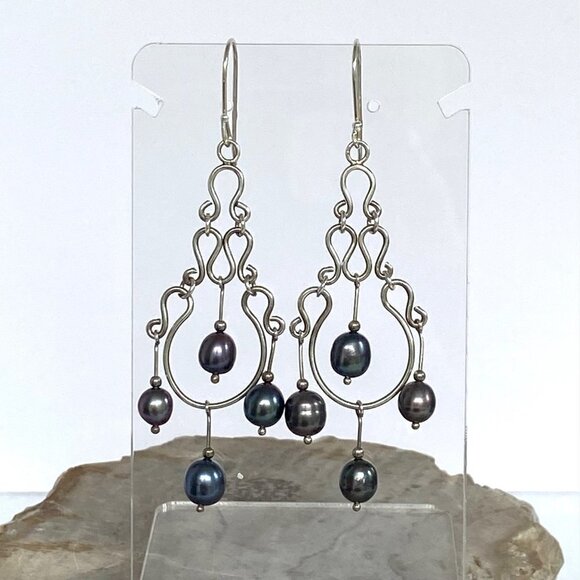 Jewelry - Sterling Silver 925 2.91" Peacock Pearl 3 Tier Chandelier Dangle Earrings